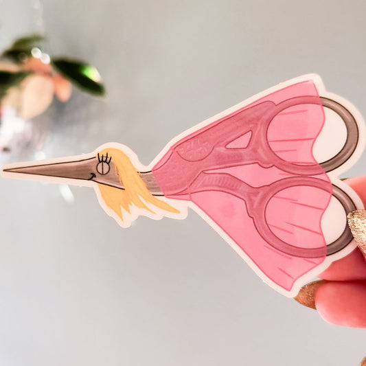 Miss Stork Embroidery Scissors Clear Sticker, 4 x 2.3 in