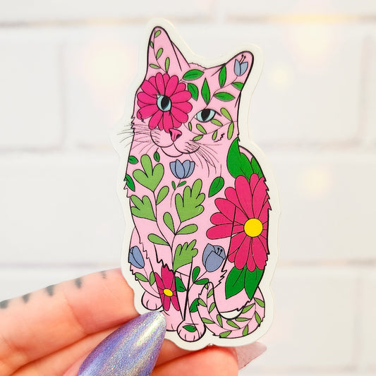 Floral Cat Sticker, 1.5 x 3 in.