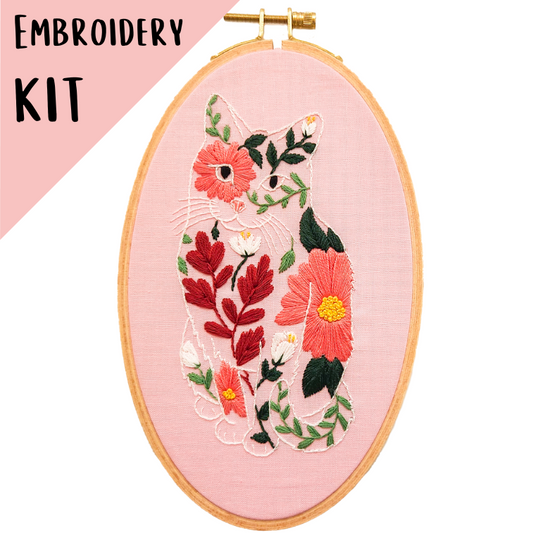 Beginner Embroidery Kit - Poppy Flower Cat Kit, 8 x 5 in.