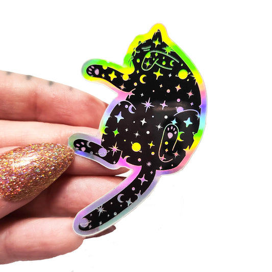 Holographic Outer Space Cat Sticker, 1.5 x 2.5 in.
