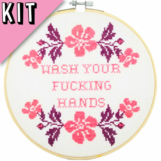 8" Cross stitch Kit - Wash Your Fucking Hands Sign - Beginner