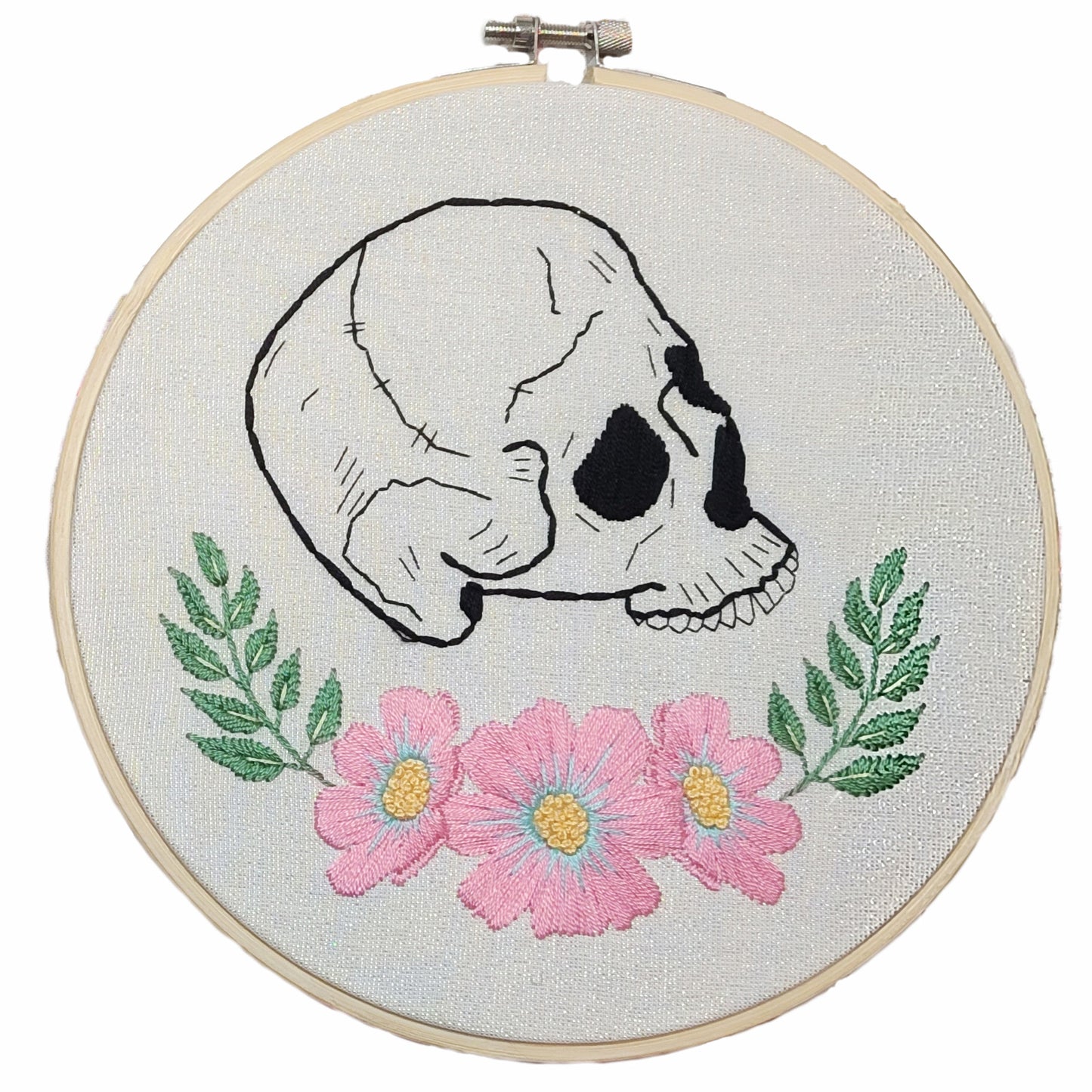 Black on White Skull Finished Hand Embroidery, 7"