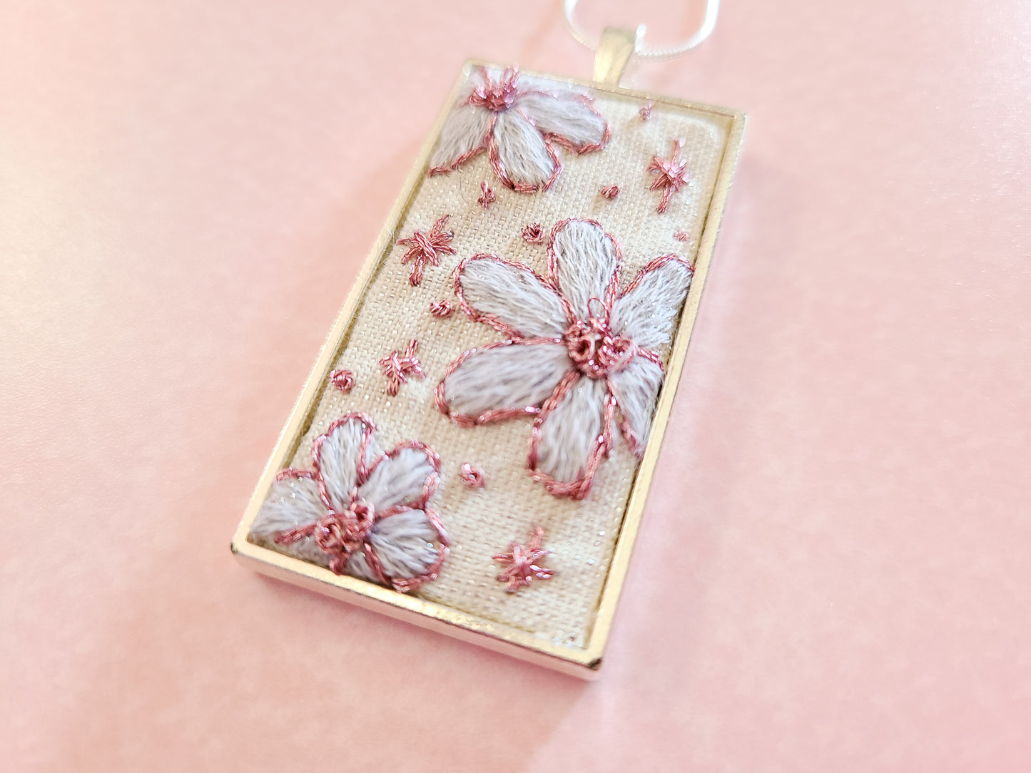 Embroidered Metallic Pink Flower Necklace