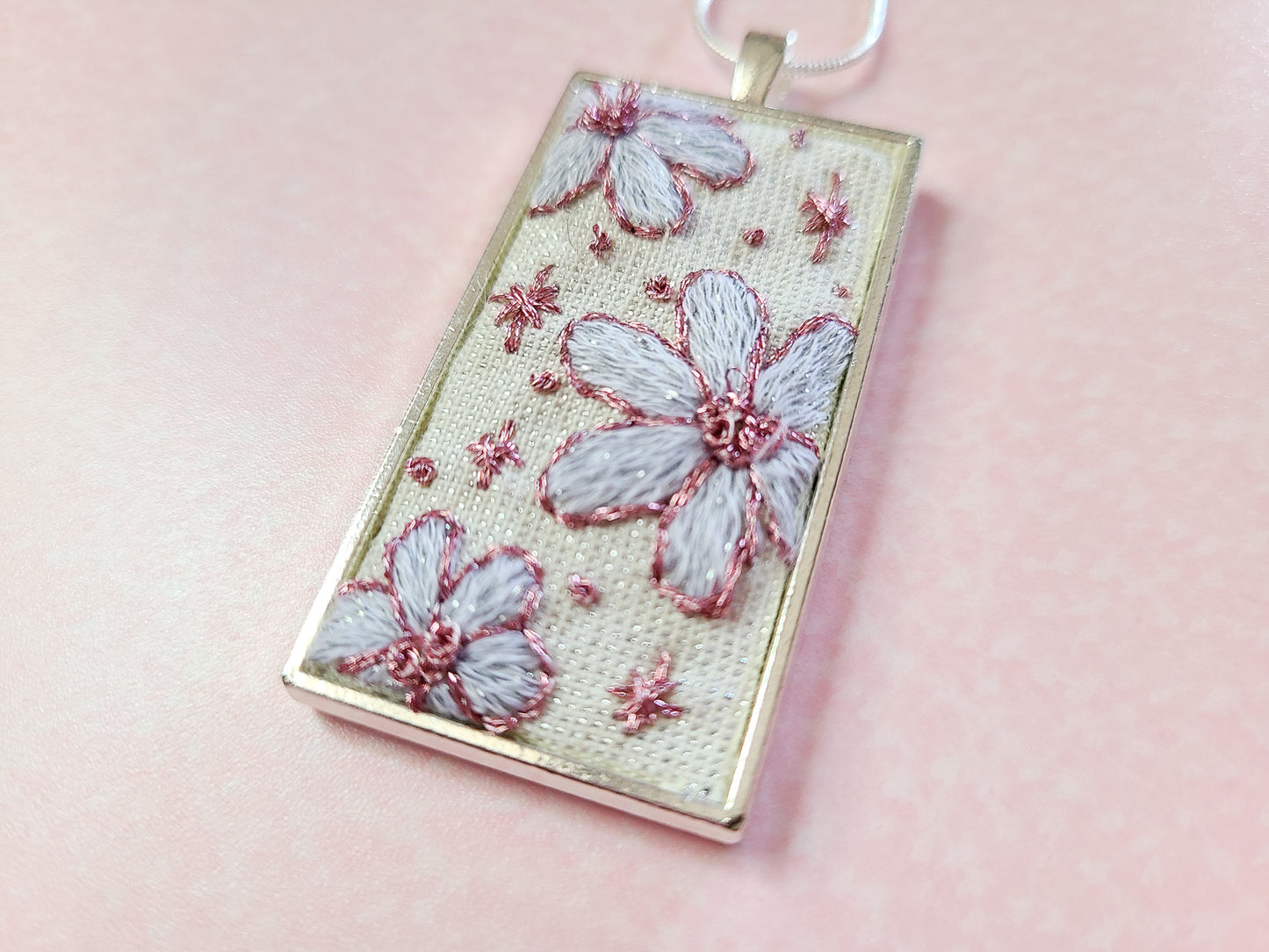 Embroidered Metallic Pink Flower Necklace