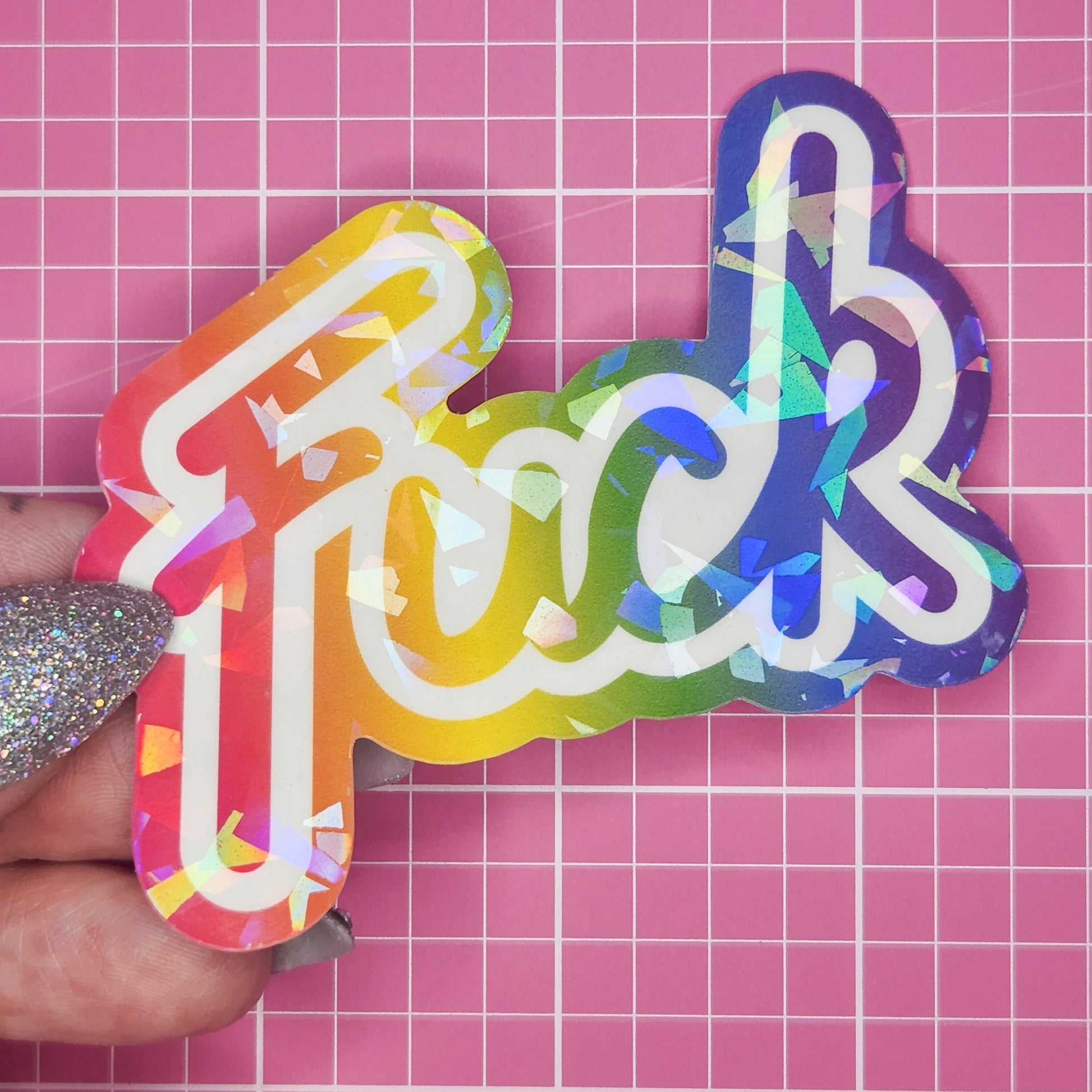 Lisa Frank Inspired Fuck Holographic Sticker, 2.75x3 in.