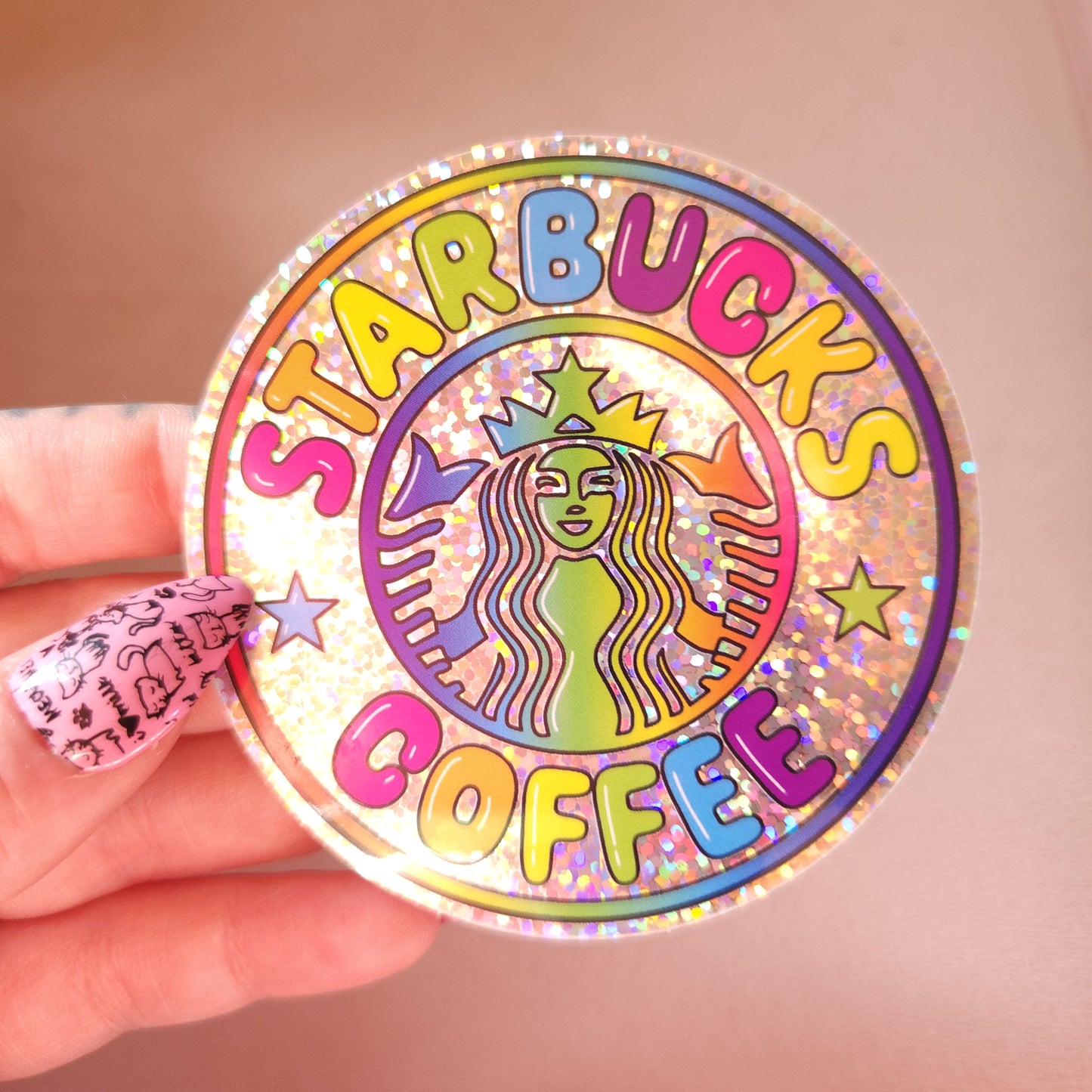 Lisa Frank Inspired Holographic Starbucks Sticker, 3in.